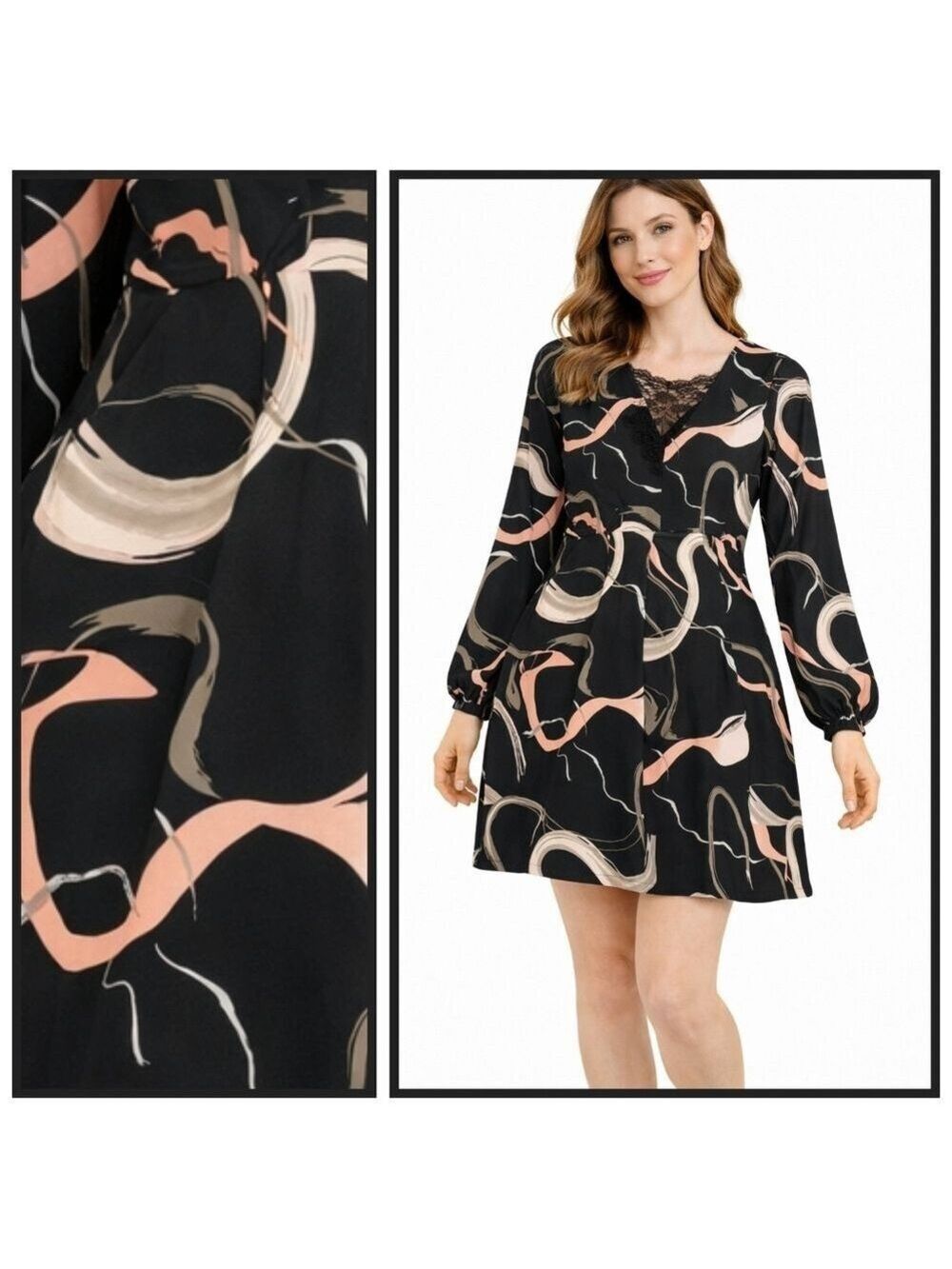 Nine West Long Sleeve Abstract Print Dress Black Pink XL